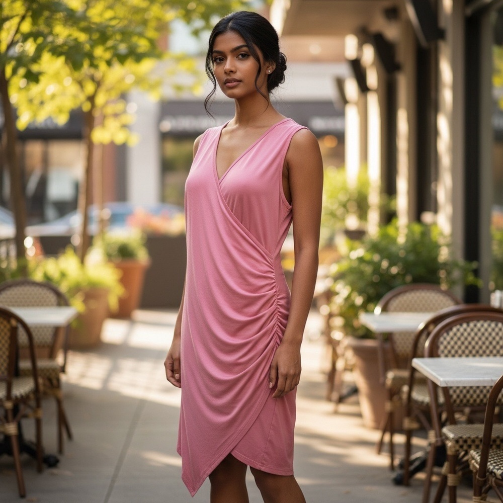 Gracyoga Classic & Comfy Asymmetrical Sleeveless Ruched Pink Dress Size-XXL NWT
